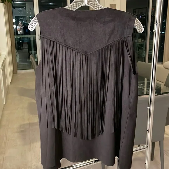 NWT Vintage Havana fringe black suede like vest - Picture 2 of 8